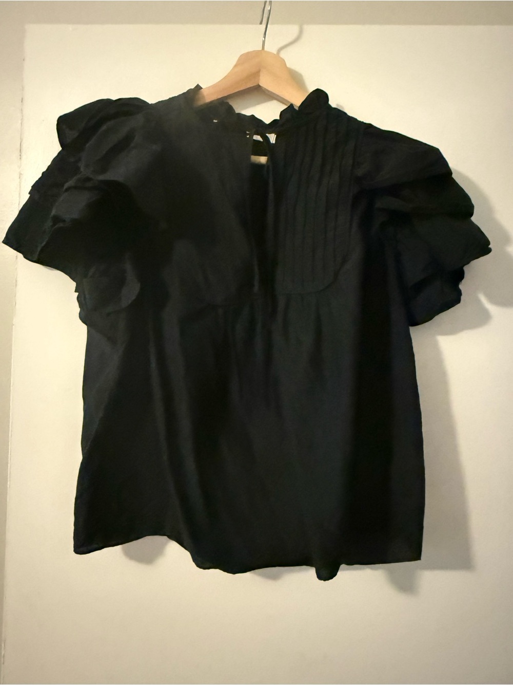 Marie Oliver Silk Cotton Blend Ruffle Puff Sleeve Top in Black